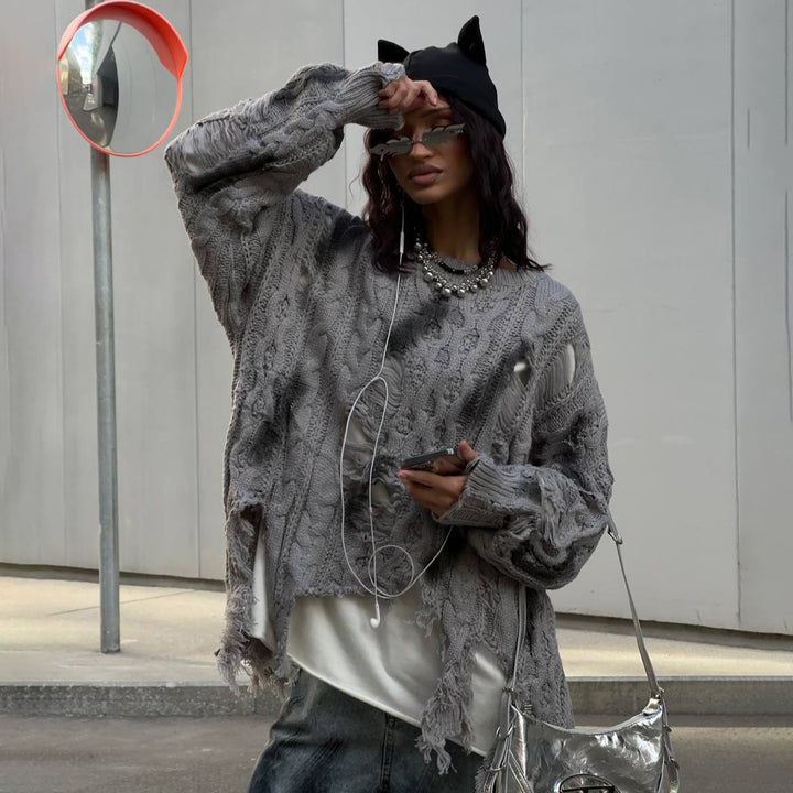 Kvinders chunky strikket oversized sweater med frynser Stilla