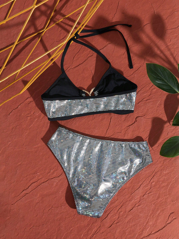Dame Bikini sæt med glitrende glimmerdesign og justerbare stropper Stilla