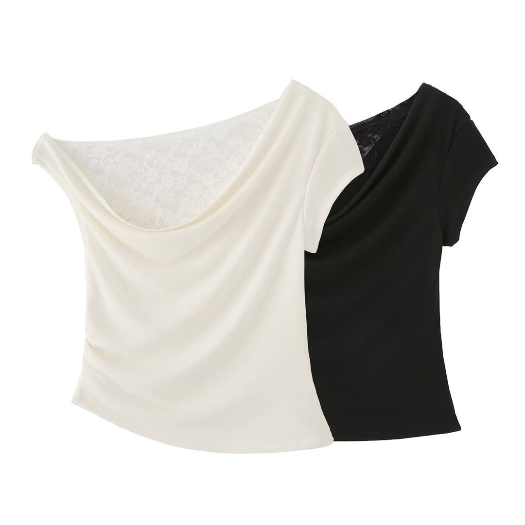 Dame elegant wrapper top med flæse detaljer og fin blondesyning Stilla