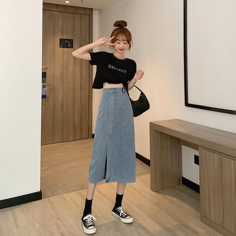 Dame jeans midi nederdel med sideslids Stilla