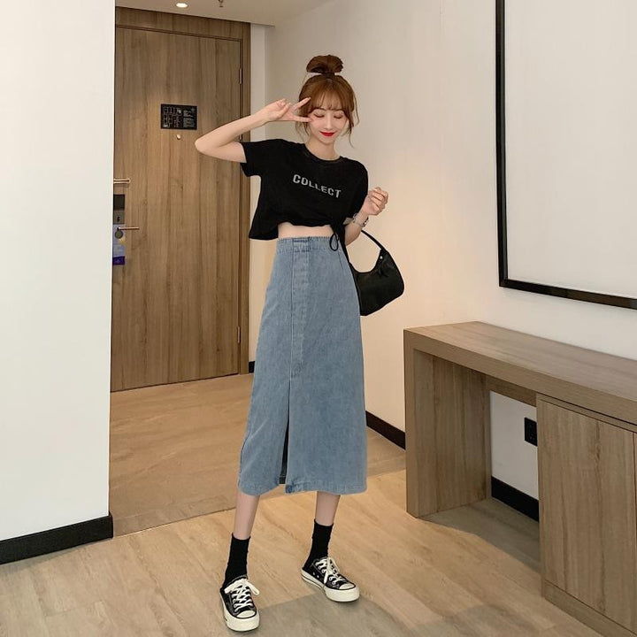 Dame jeans midi nederdel med sideslids Stilla