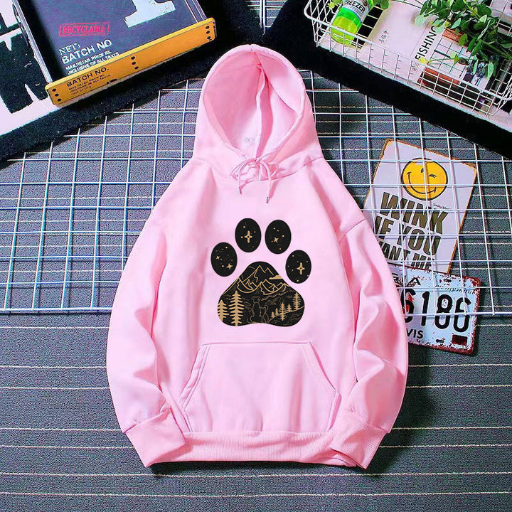 Dame hoodie med kreativ poteprint design og bjerglandskab Skovae