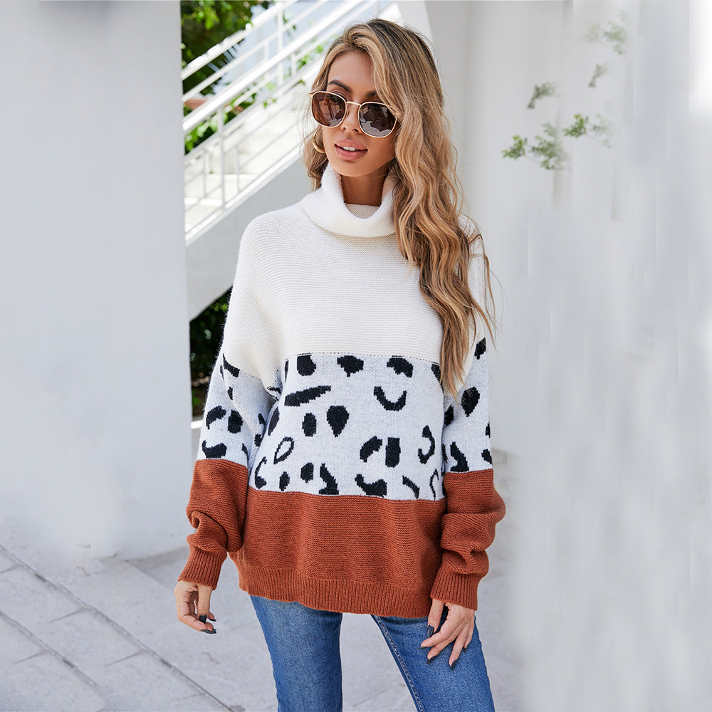 Kvinders fashionable hyggelig pullover med høj krave og dyremønster Stilla