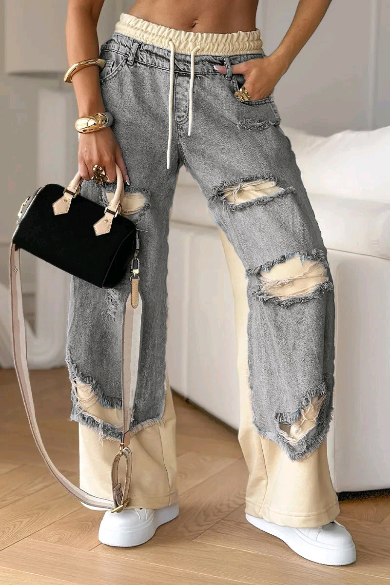 Dame nan to-lags jeans med påsatte jeanspaneler elastisk tunnelstrik bånd bredt ben og vintage-lignende revner Skovae