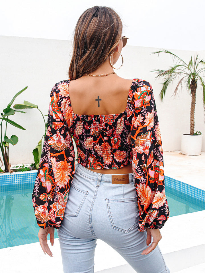 Dame Crop-bluse med blomster mønstre og dyb V-udskæring Stilla