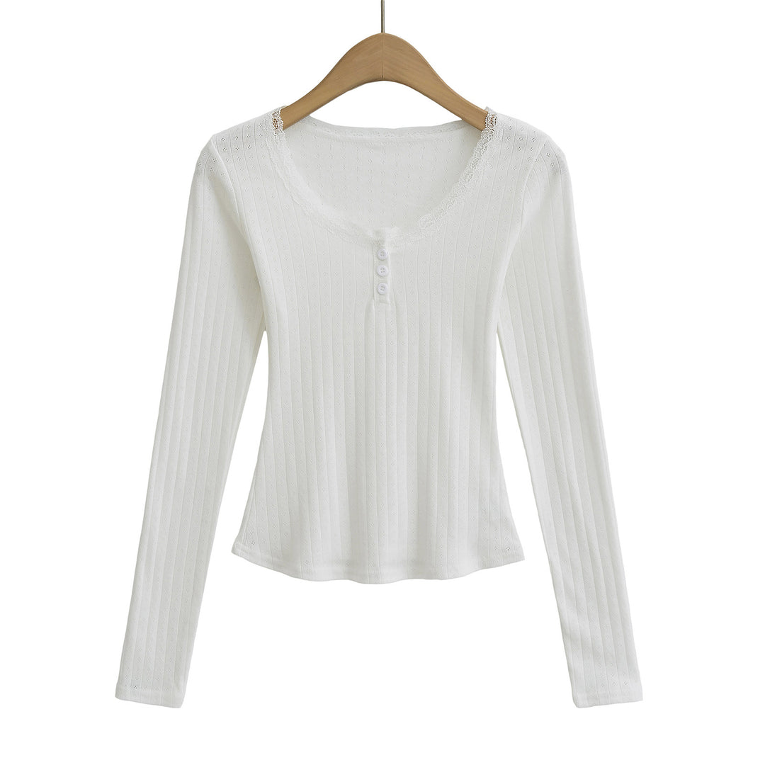 Dame Langærmet skjorte med elegant blondekrave og figurformende ribdesign Stilla