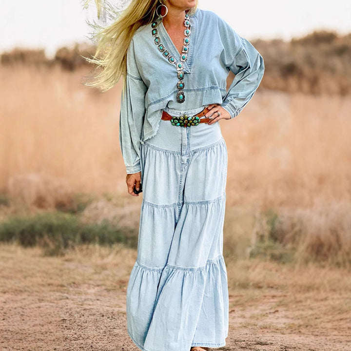Dame Denim Maxikjole i Boho-stil med volumniøst skørt og flæser Stilla
