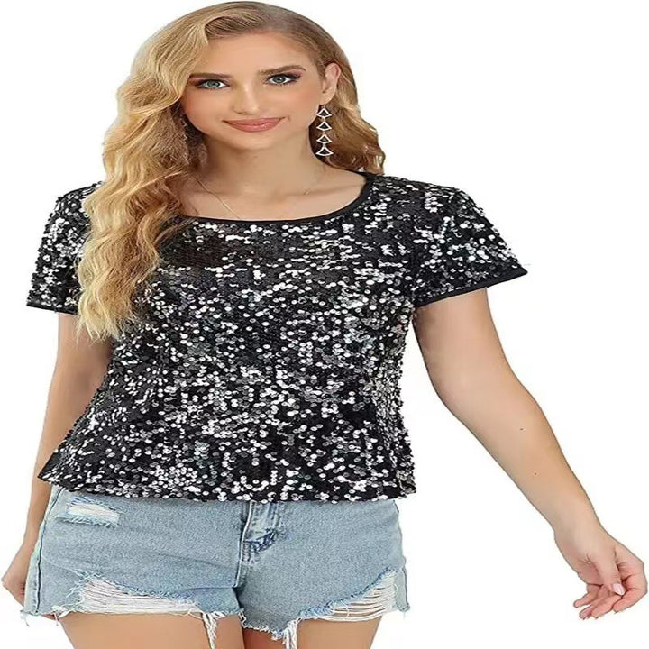 Kvinder Glitrende Paillet T-Shirt med Casual Snit og Behageligt Bomuldsmateriale Skovae