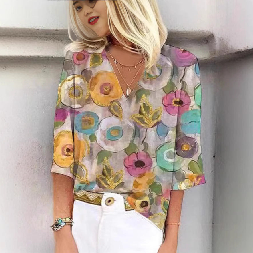 Dame V-hals bluse med blomsterdesign og rummelig pasform Stilla