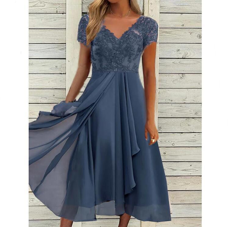Dame Elegante Chiffon Aftenkjole med Spidstop og Bred Skørt Stilla