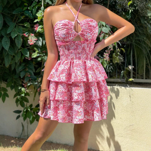 Dame rynket kjole med off-shoulder design og blomsterprint Skovae
