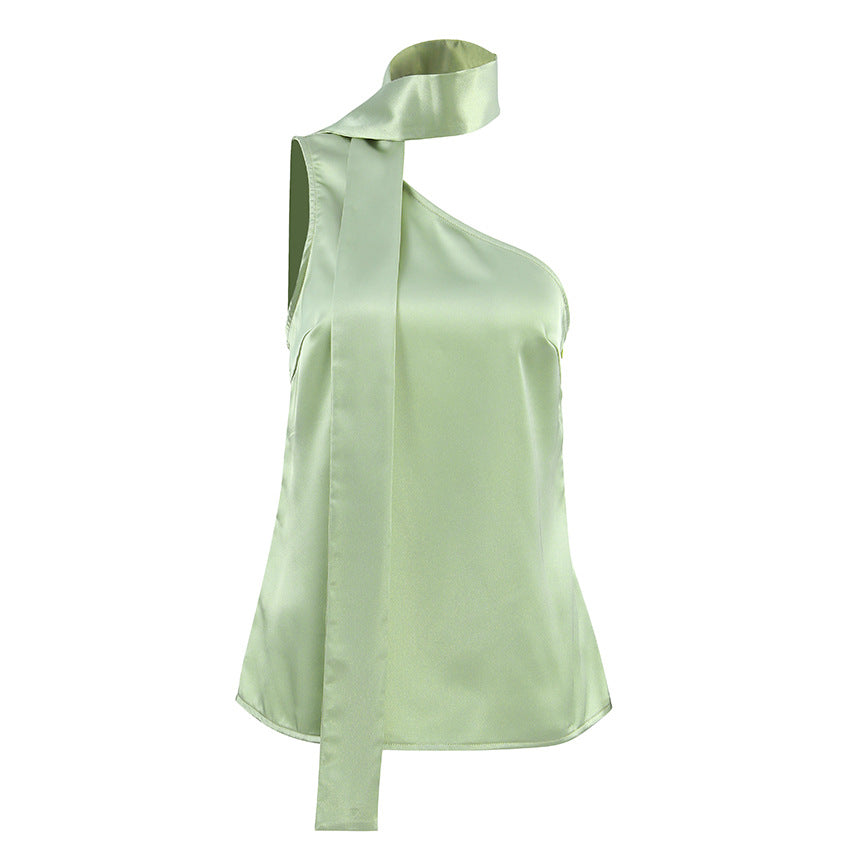 Dame asymmetrisk satin top med elegant sløjfedekoration Stilla