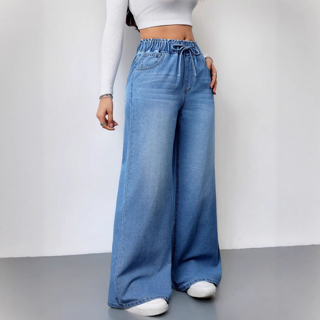 Dame bred jeans med elastisk linning og sideskuffer Stilla