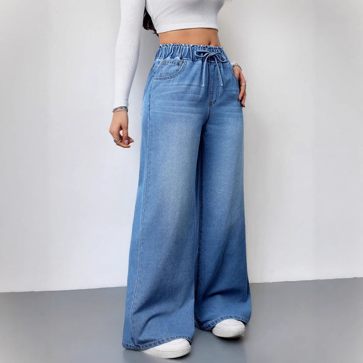 Dame bred jeans med elastisk linning og sideskuffer Stilla