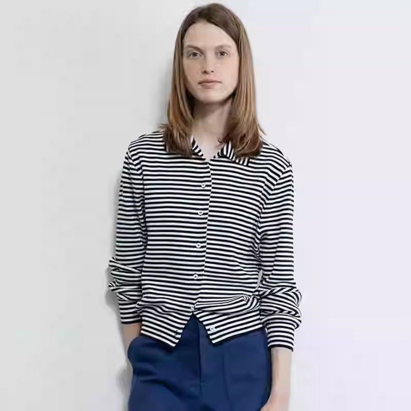 Dame elegant stribet knap-cardigan med klassisk krave Stilla