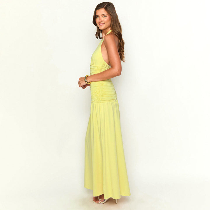 Femme Elegantes Halterneck Maxi-Kjole med Rynkning Stilla