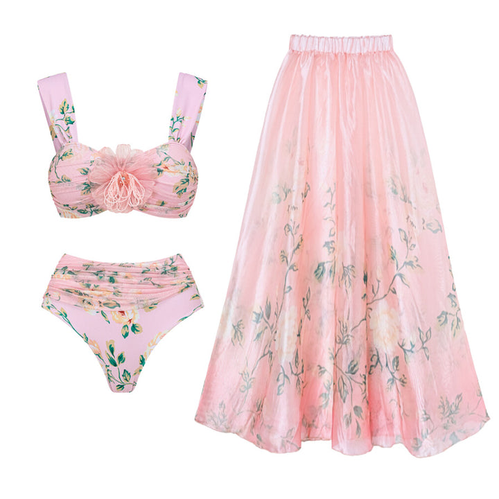 Dame bikini-sæt med blomsterdetaljer og luftig maxi-nederdel Skovae