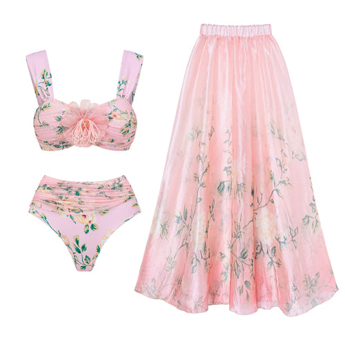 Dame bikini-sæt med blomsterdetaljer og luftig maxi-nederdel Skovae