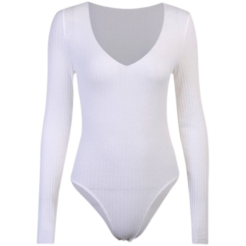 Dame Elegant langærmet bodysuit med V-udskæring og ribbet struktur Stilla