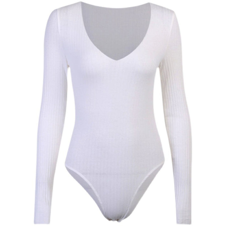 Dame Elegant langærmet bodysuit med V-udskæring og ribbet struktur Stilla