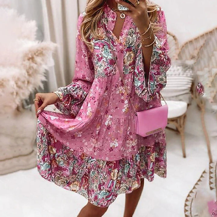 Dame nan lette Babydoll-stuffkjole med V-udskæring, flæset pas og elastiske manchetter Skovae