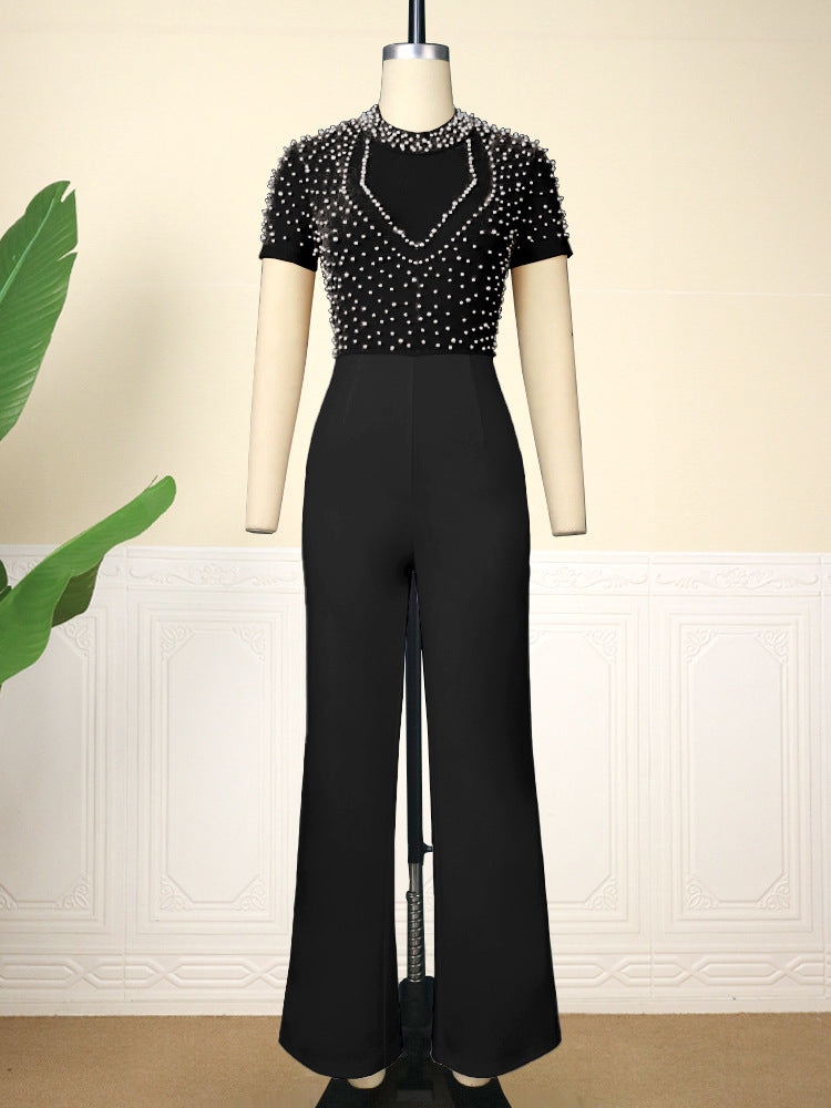Dame elegant jumpsuit med glitrende perlebesætning Skovae