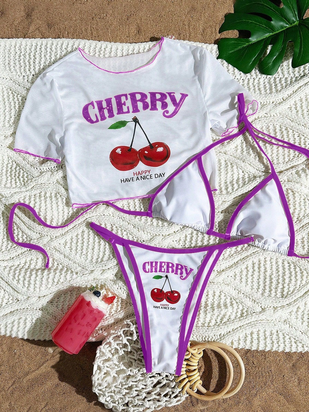 Dame bikini sæt med kreativt kirsebærmotiv Skovae