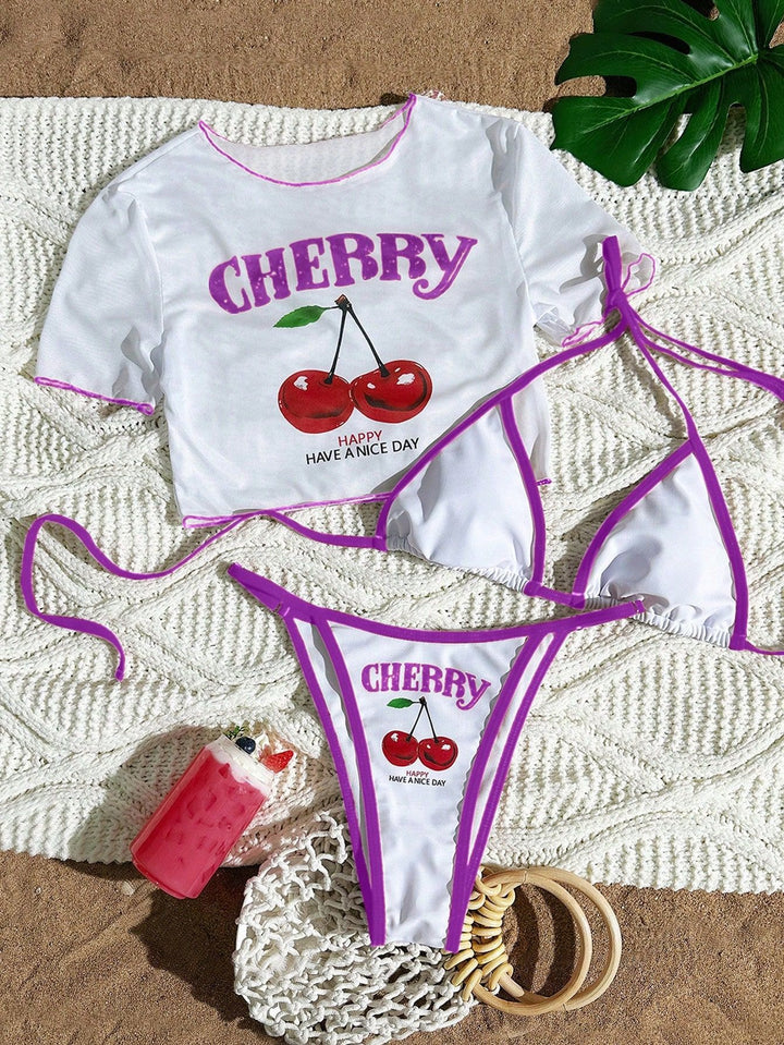 Dame bikini sæt med kreativt kirsebærmotiv Skovae