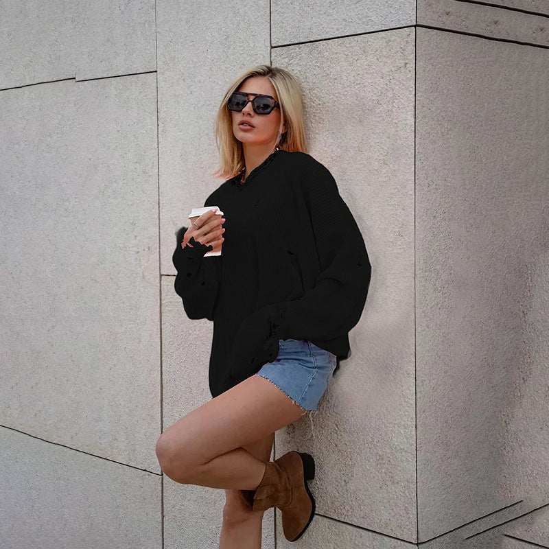 Dame Oversized Strikpullover med afslappet snit og slidte detaljer Stilla