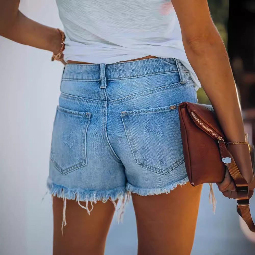 Dame Ødelagte Denim Shorts med Frynser og Høj Talje Stilla