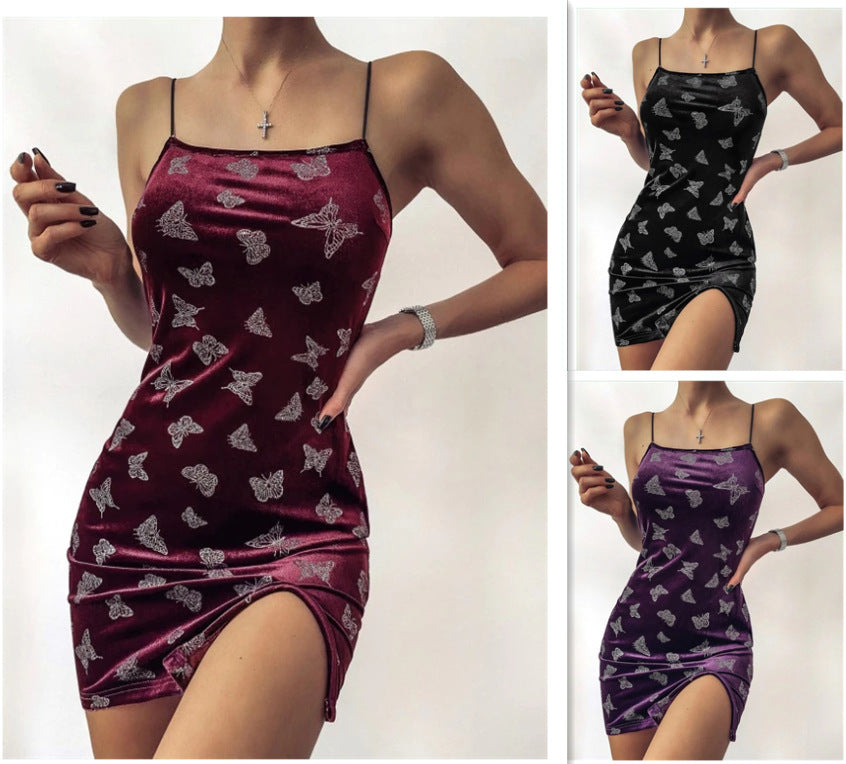 Dame Sommerfugltryk Velour Mini Kjole Stilla