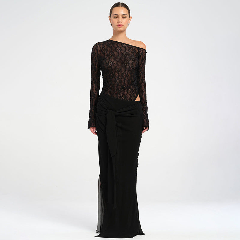 Femme Elegante Ene-Skulder Spids Maxi Kjole Stilla