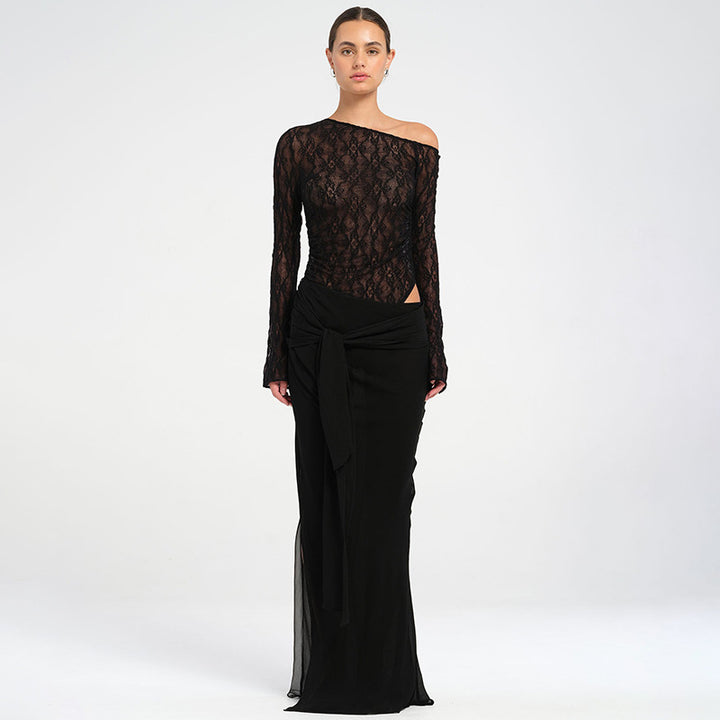 Femme Elegante Ene-Skulder Spids Maxi Kjole Stilla