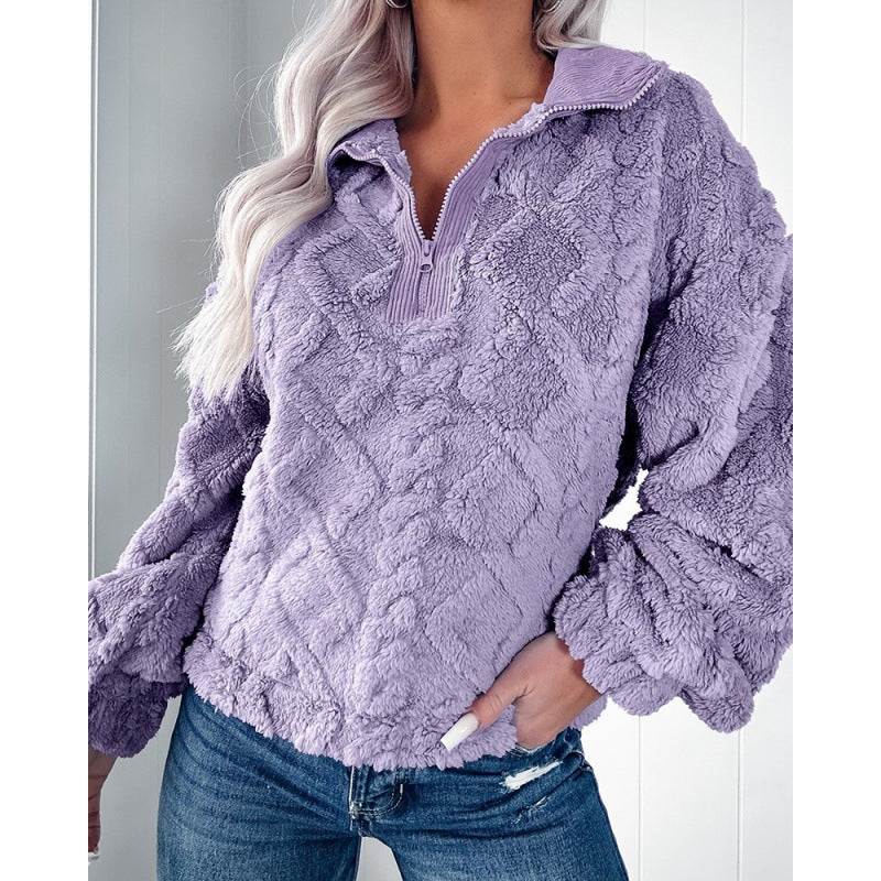 Kvinders hyggelige fleece sweatshirt med højt krave og lynlås Stilla