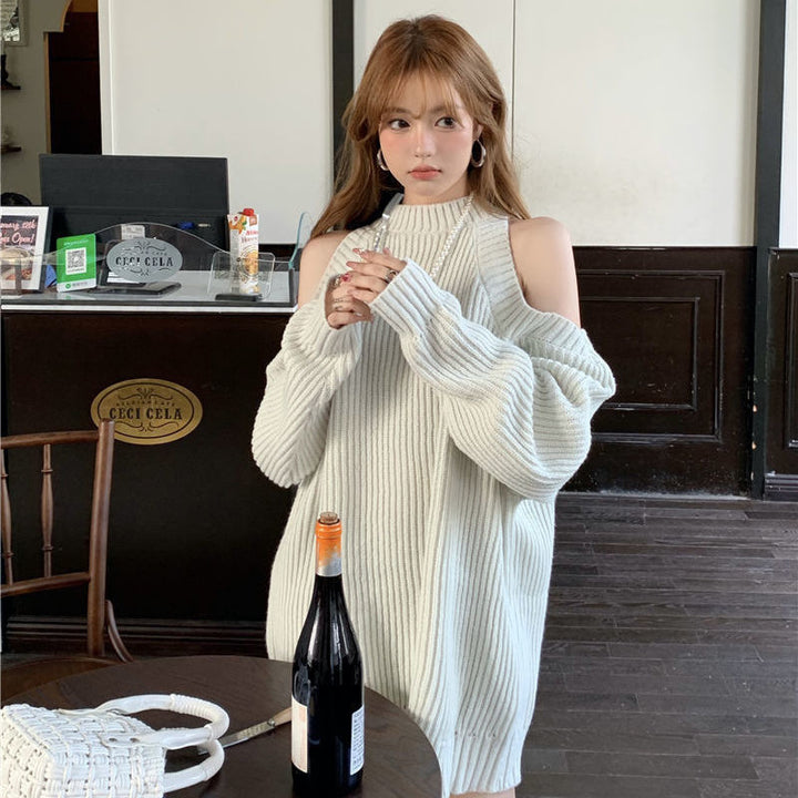 Kvinders strikket kjole med off-the-shoulder look og ribbet struktur Stilla