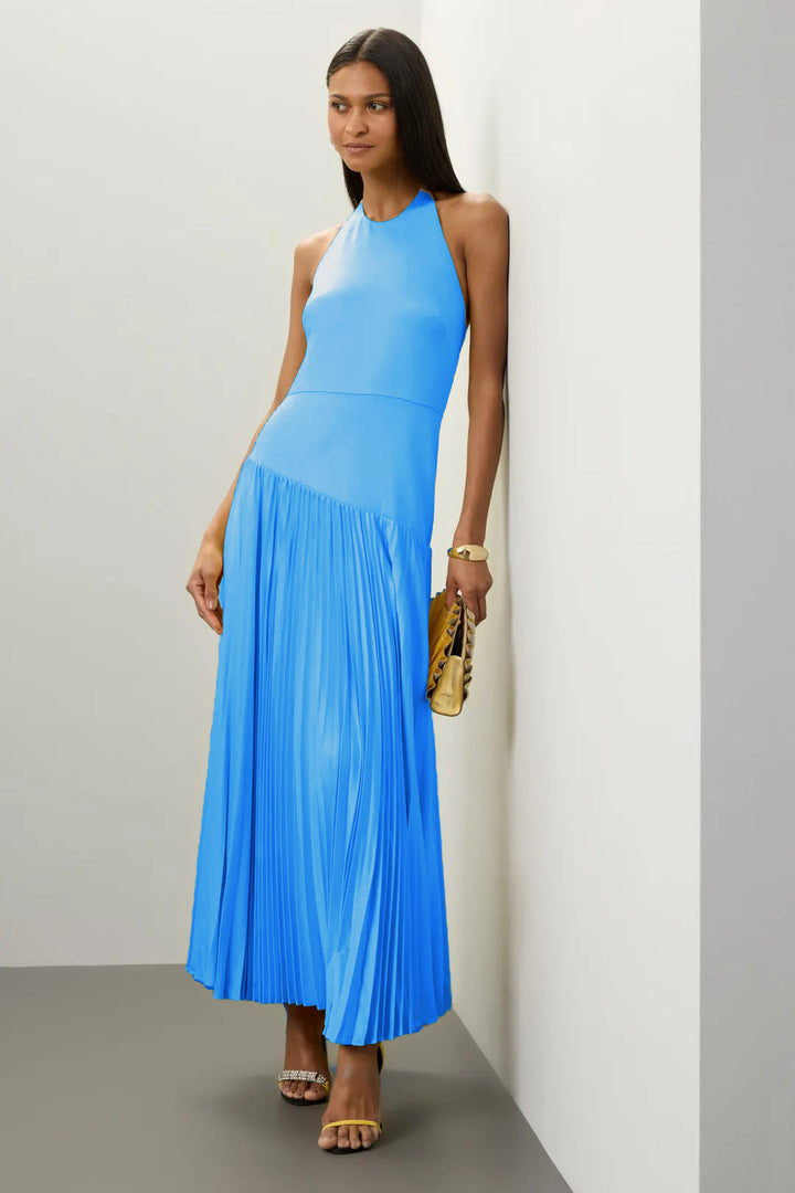Dame Elegant Maxi Kjole med Flydende Plisseret Nederdel og Halterneck Design
