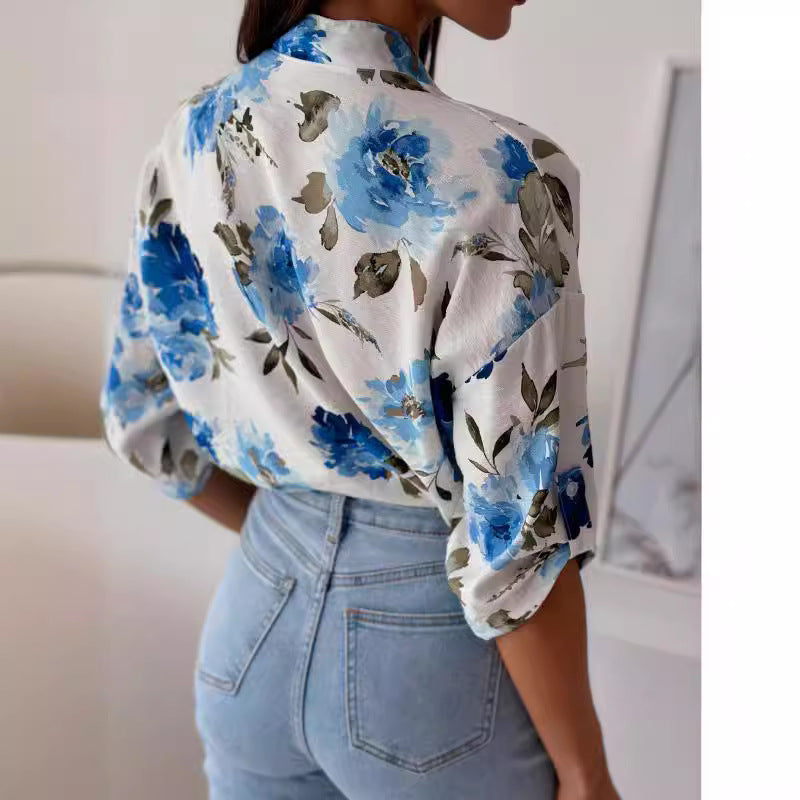 Dame blomster mønster knap-bluse Stilla