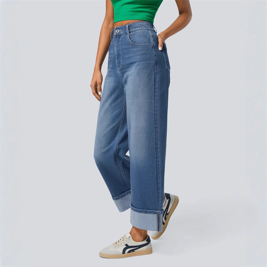 Kvinder Bred Skåret Denim Bukser med Opfoldet Kant Stilla