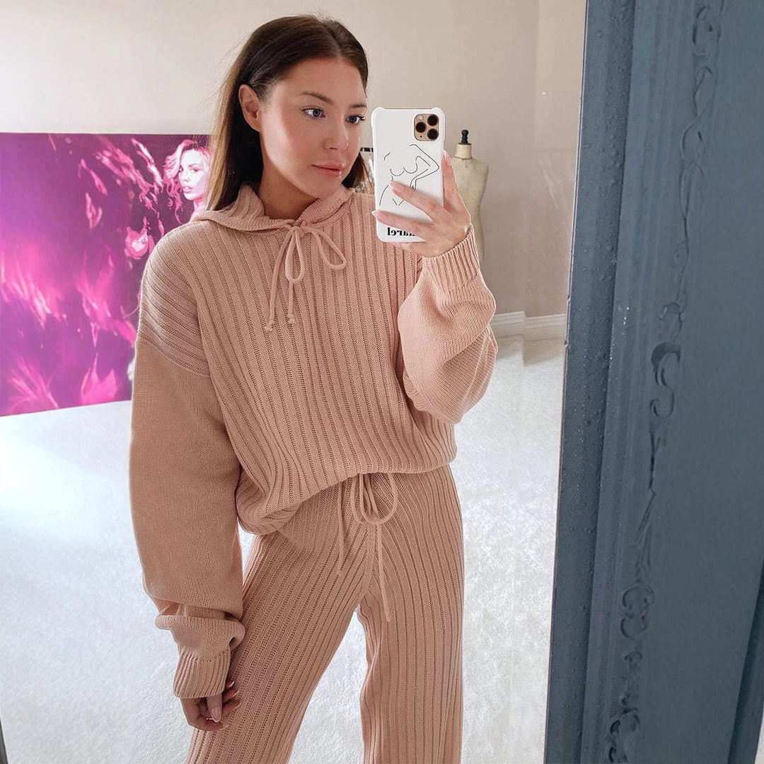 Damer Strik Loungewear Sæt med Hætte og Løs Pasform Skovae
