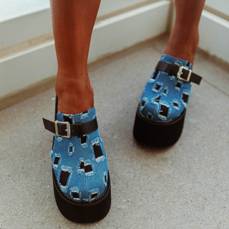 Dame Plateau-Mules med fashionable denim-design og robust bæresnor Stilla