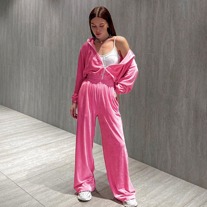 Dame afslappet velour sæt med zip-hoodie og brede bukser Stilla