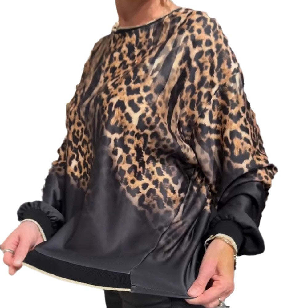 Dame nan silke Oversize-bluse med dyremønster, raglanærmer og elastisk kant Skovae