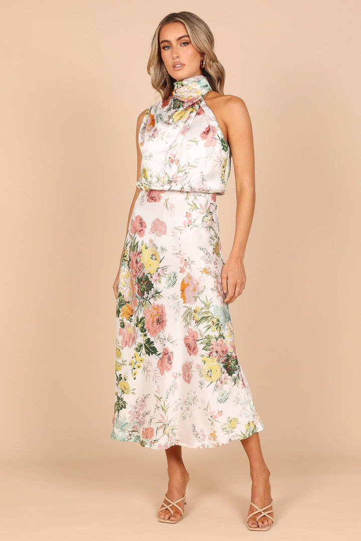 Dame Midi-kjole med elegant indpakningskrave og blomsterdesign Stilla