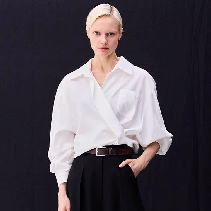 Dame elegant indpakningsbluse med stor krave og brede ærmer Stilla