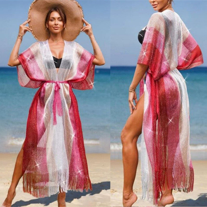 Dame elegant strandkimono med moderne frynser Stilla