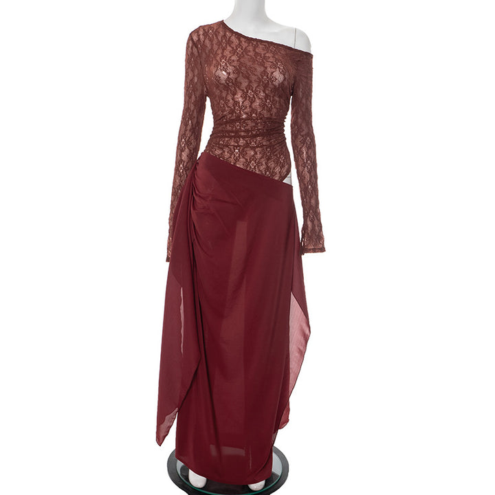 Femme Elegante Ene-Skulder Spids Maxi Kjole Stilla