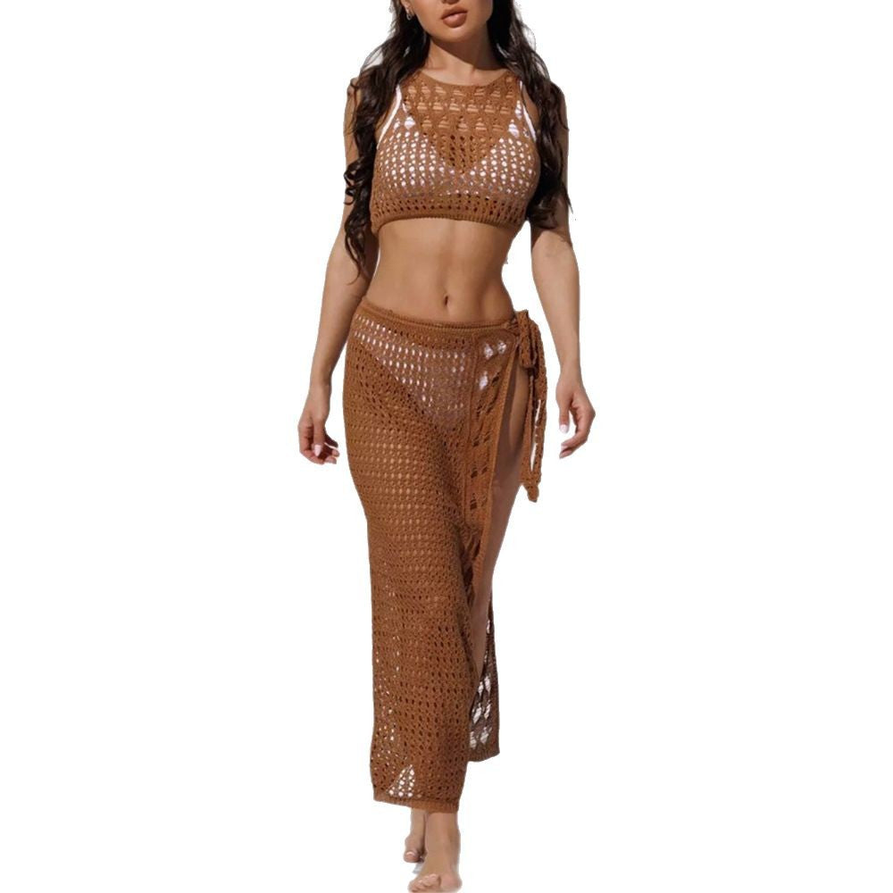 Dame hæklede strand sæt med høj talje nederdel og crop-top Stilla
