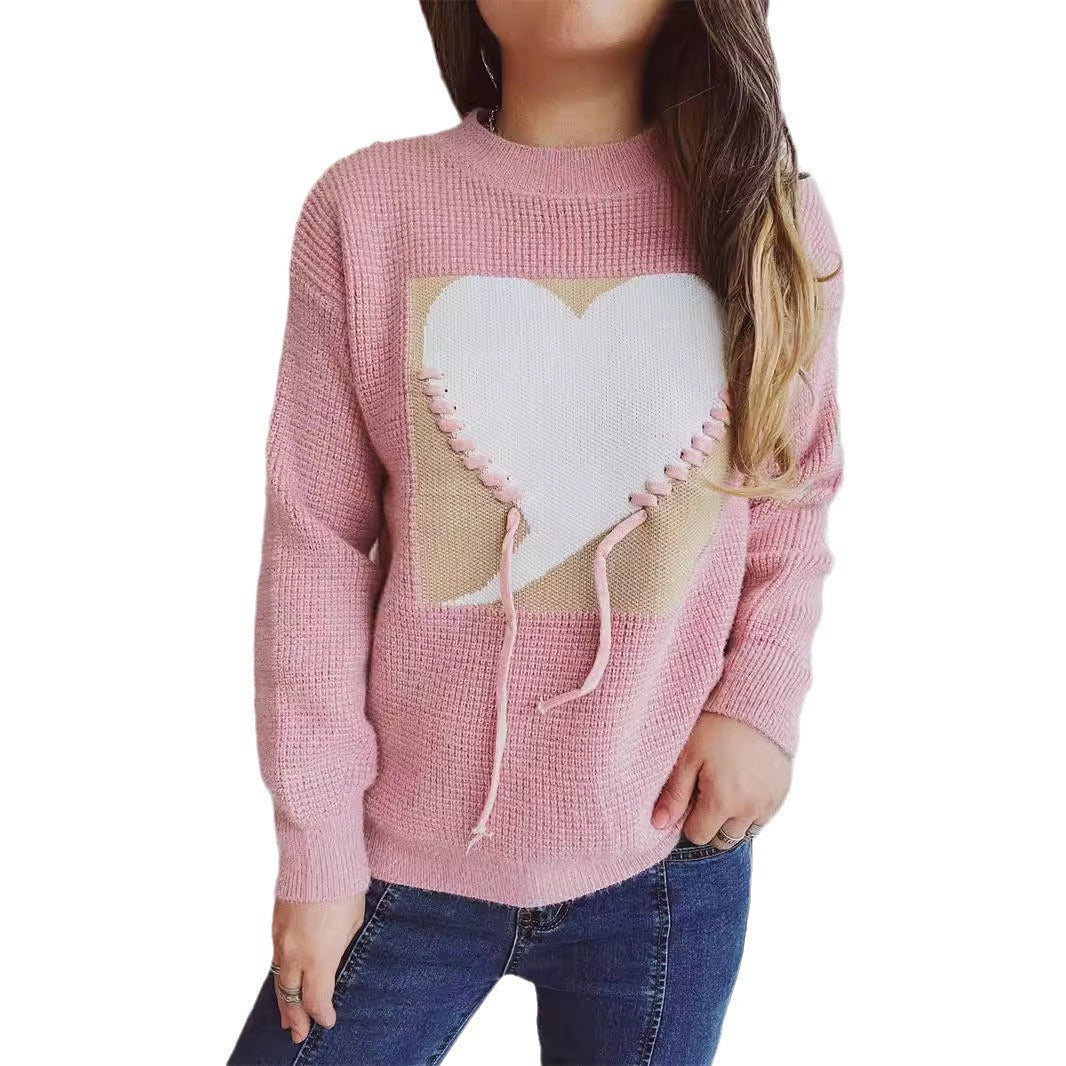 Damer fashionable sweater med hjerteapplikation og bag træksnor Stilla