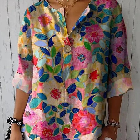 Dame luftig bluse med blomsterprint og knapdetalje Stilla