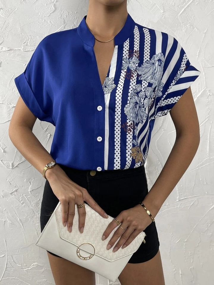 Dame stilfuld Button-Up-bluse med blomstertryk-patchwork Stilla